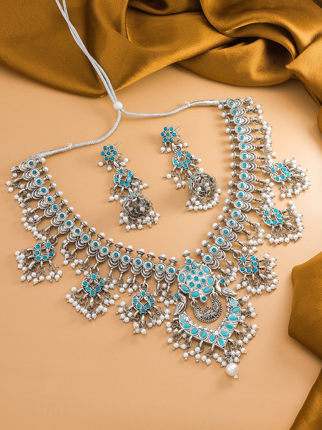 

aadita Sterling Silver Stone Studded & Beaded Choker Jewellery Set