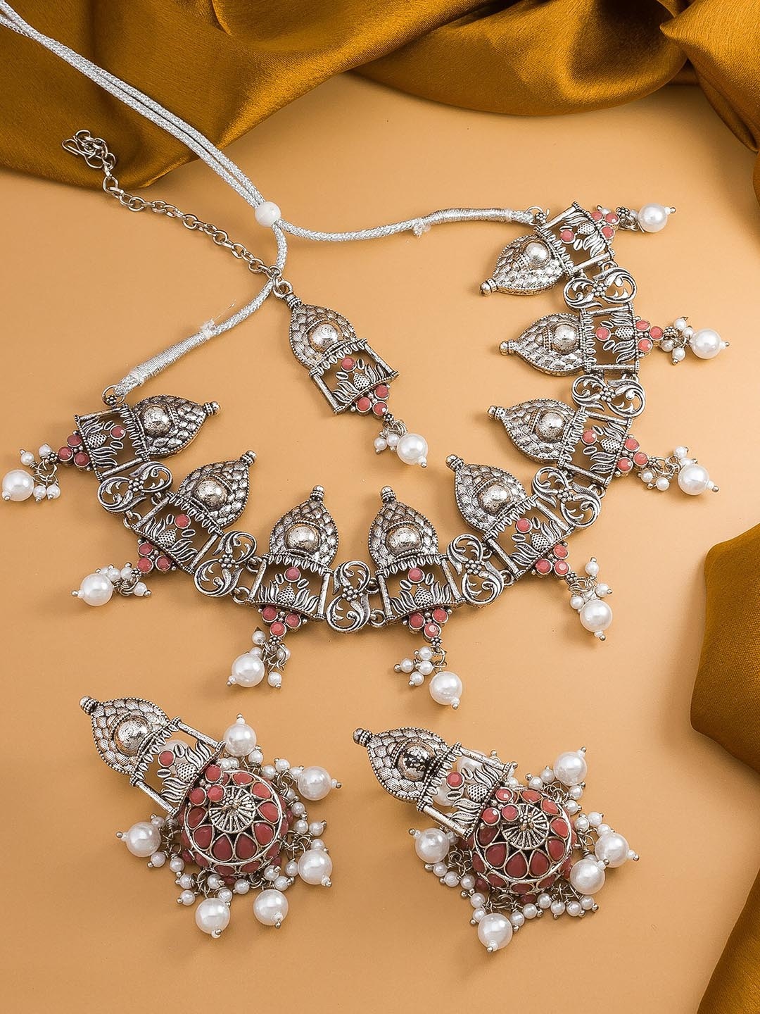 

aadita Sterling Silver Stone Studded & Beaded Choker Temple Jewellery Set With Maang Tikka