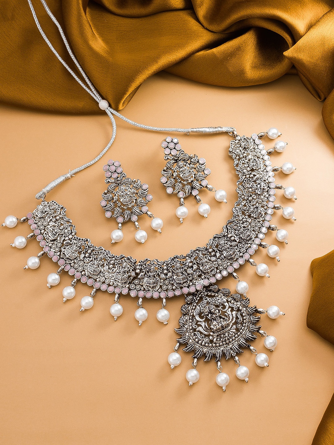 

aadita Sterling Silver Stone-Studded & Beaded Choker Temple Jewellery Set