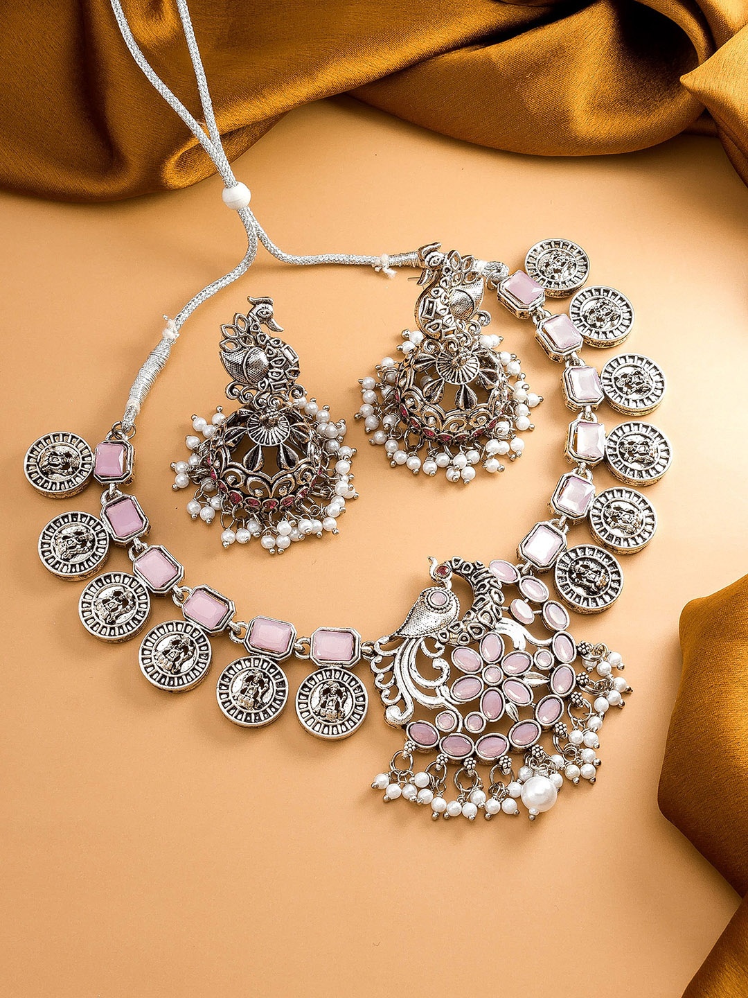 

aadita Sterling Silver Stone Studded & Beaded Choker Temple Jewellery Set