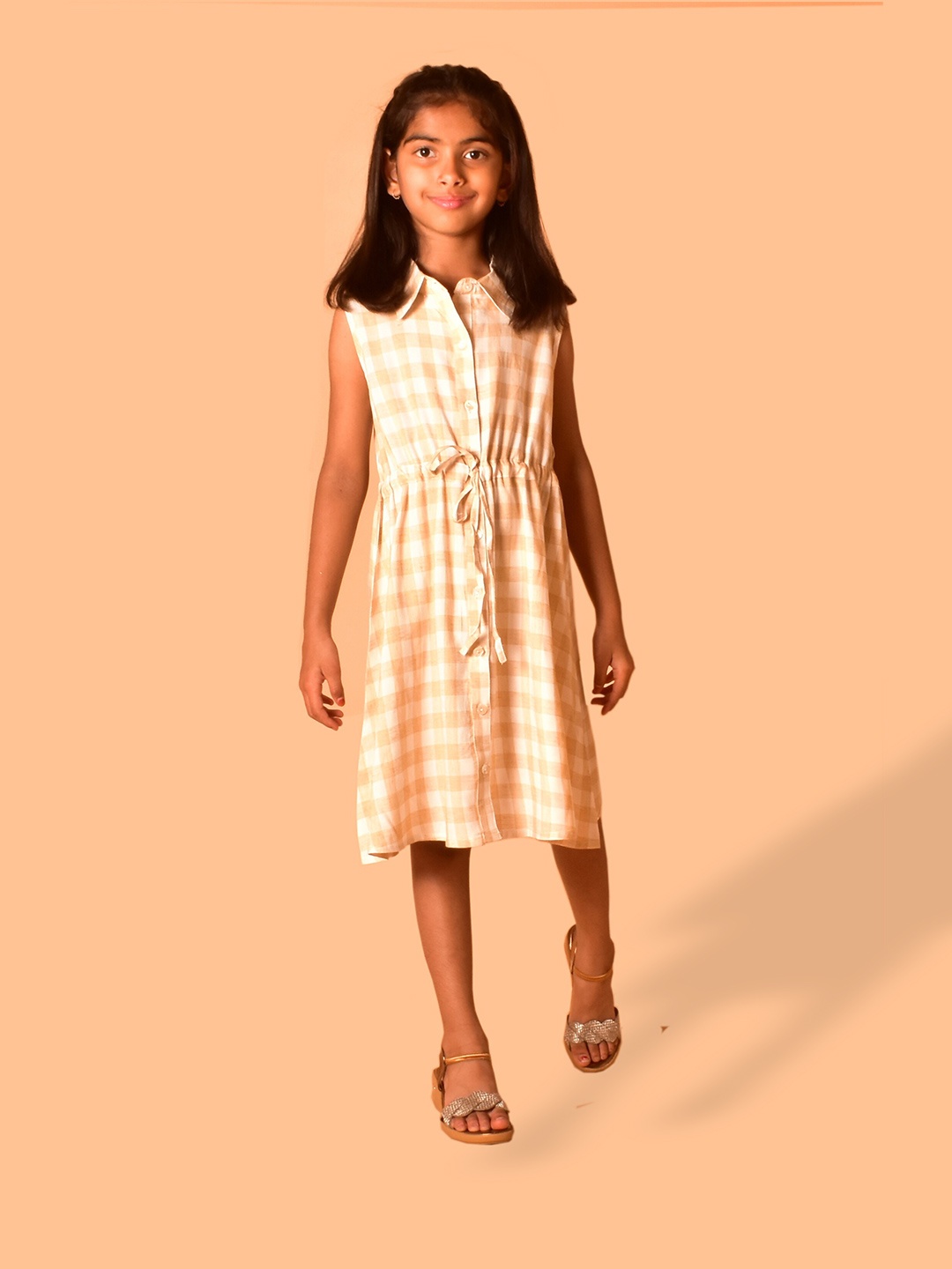 

misbis Girls Checked Shirt Dress, Beige
