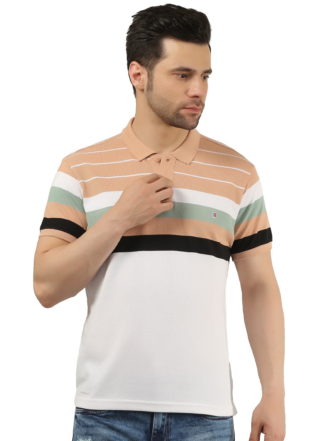 

TIM PARIS Striped Polo Collar Cotton T-shirt, Brown