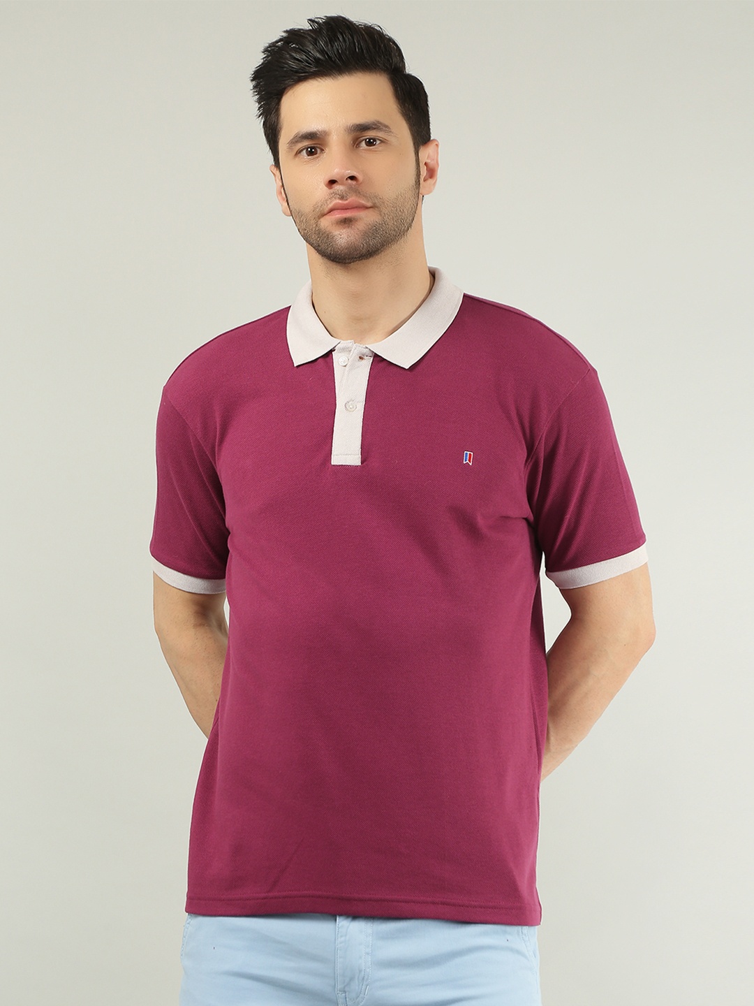 

TIM PARIS Colourblocked Polo Collar Cotton T-shirt, Beige