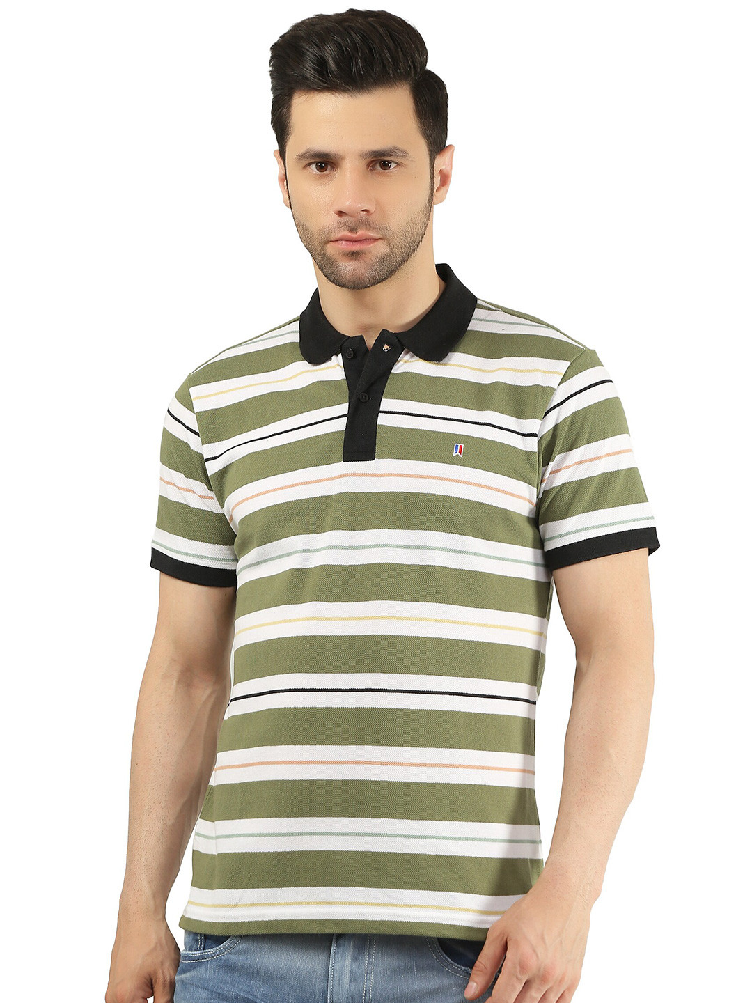 

TIM PARIS Striped Polo Collar Cotton T-shirt, Green