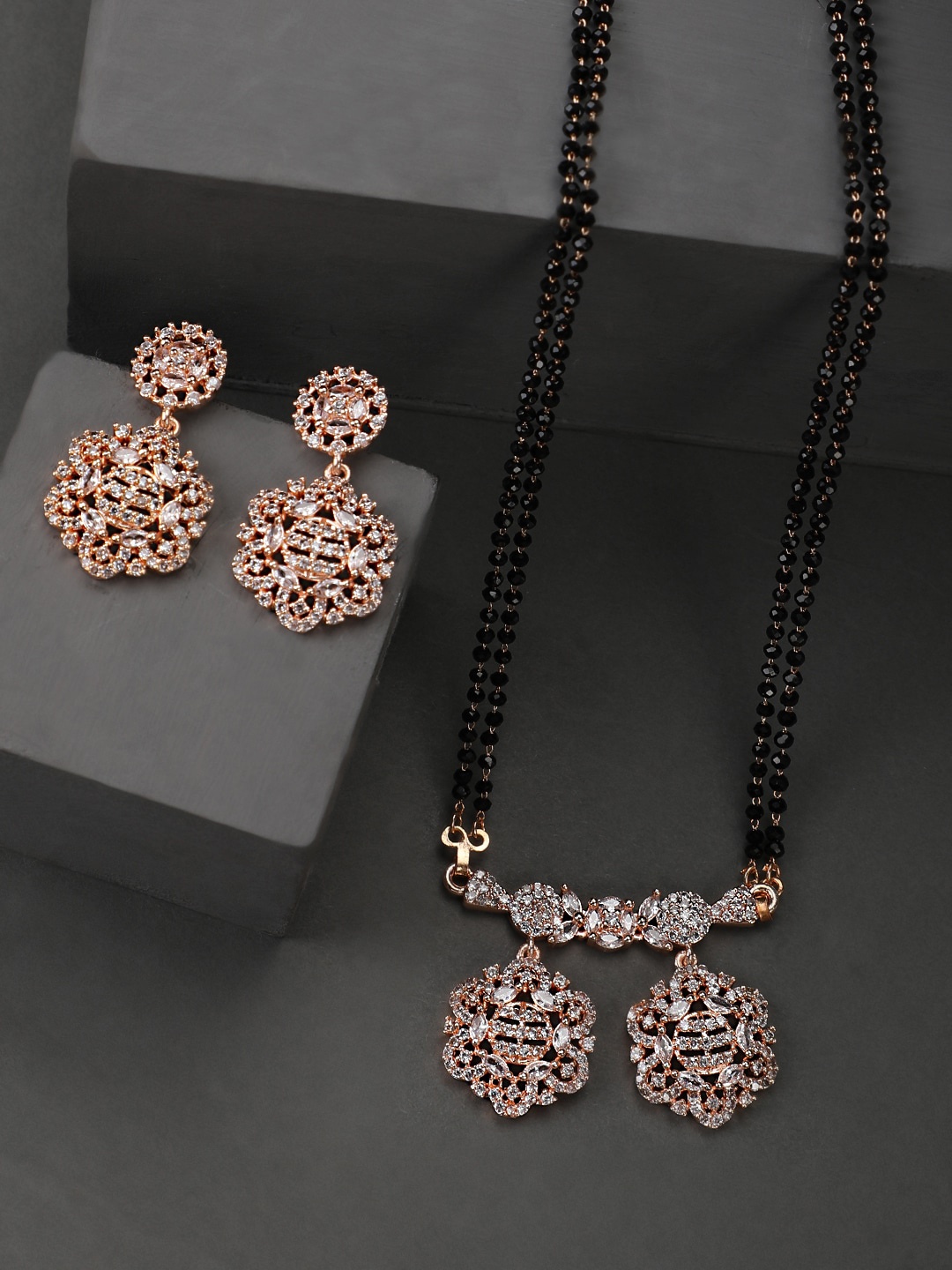 

Vita Bella Rose Gold-Plated AD-Studded & Beaded Mangalsutra & Earrings