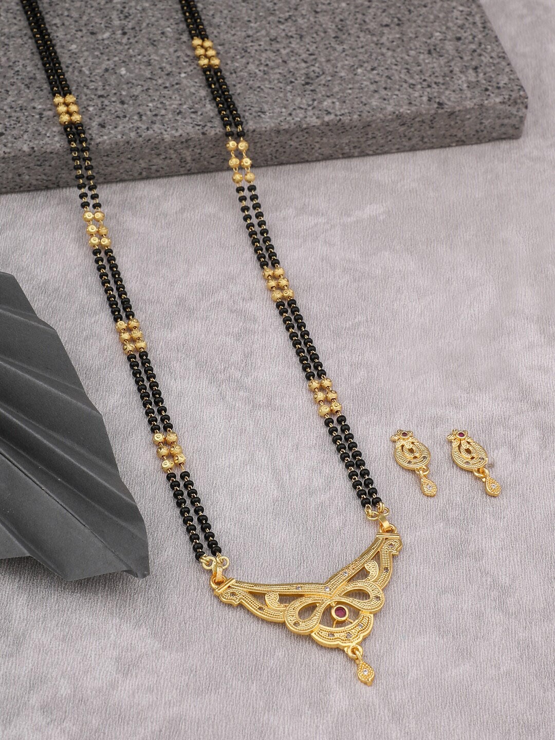 

Vita Bella Gold-Plated Stone-Studded Brass Mangalsutra With Earrings