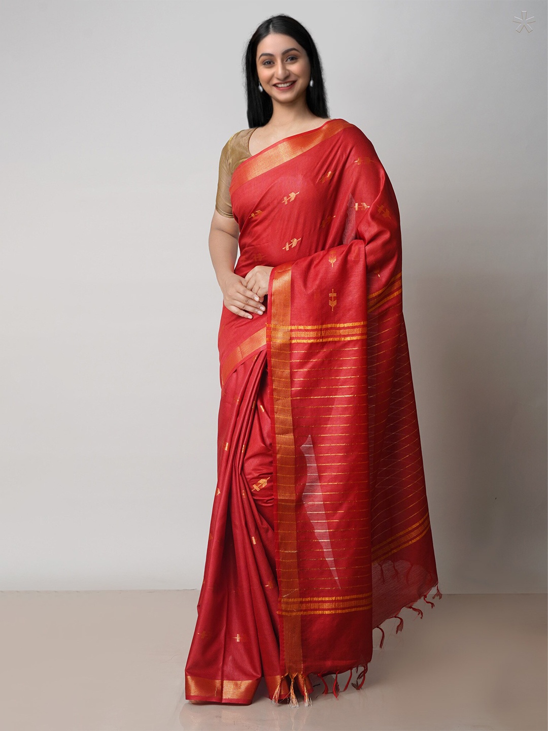 

Unnati Silks Ethnic Motif Woven Design Zari Silk Cotton Chanderi Saree, Red