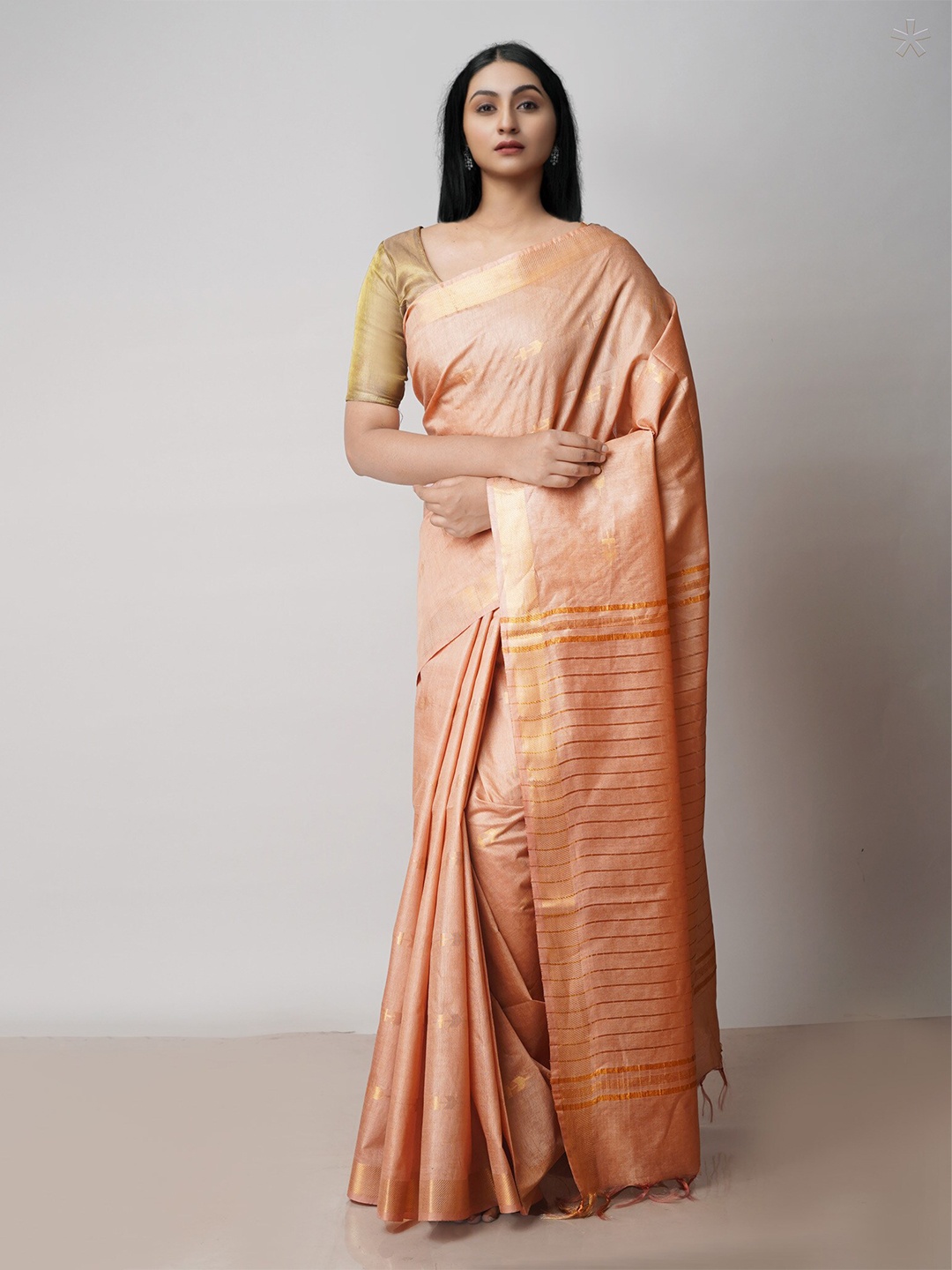 

Unnati Silks Ethnic Motifs Woven Design Zari Silk Cotton Chanderi Saree, Peach