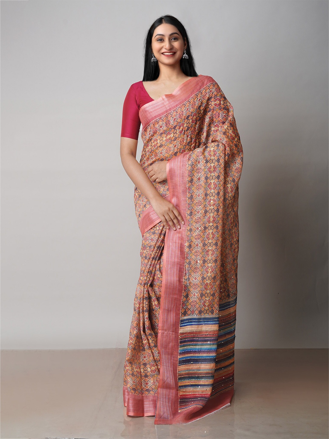 

Unnati Silks Kantha Work Geometric Printed Jamdani Saree, Brown