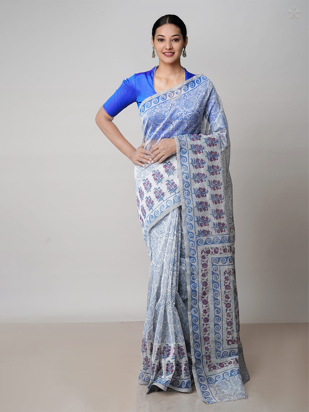 

Unnati Silks Ethnic Motif Supernet Bagru Saree With Blouse Piece, Off white
