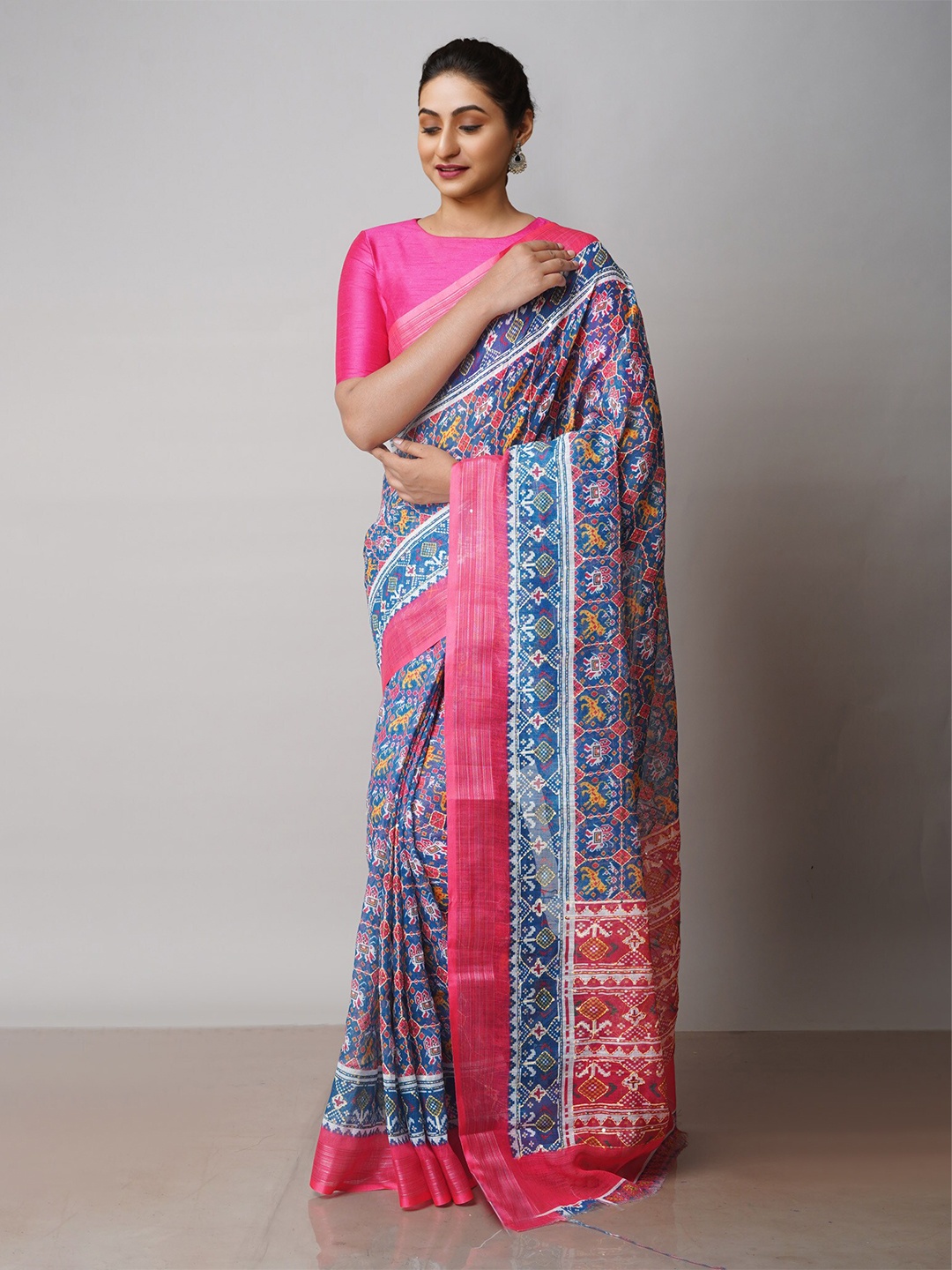 

Unnati Silks Ethnic Motif Linen Blend Jamdani Zari Saree, Pink