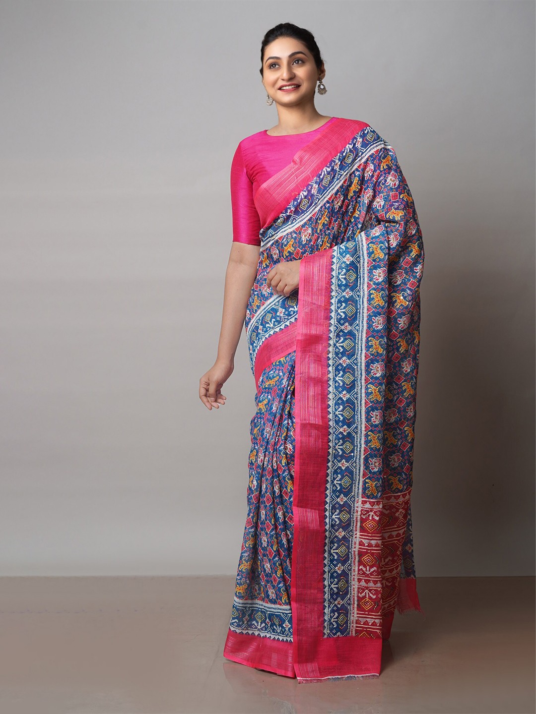 

Unnati Silks Ethnic Motifs Kantha Work Linen Blend Jamdani Saree, Blue