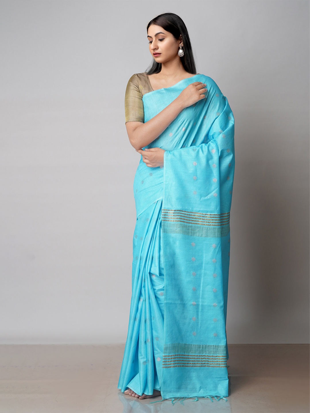 

Unnati Silks Ethnic Motifs Woven Design Zari Silk Cotton Chanderi Saree, Blue