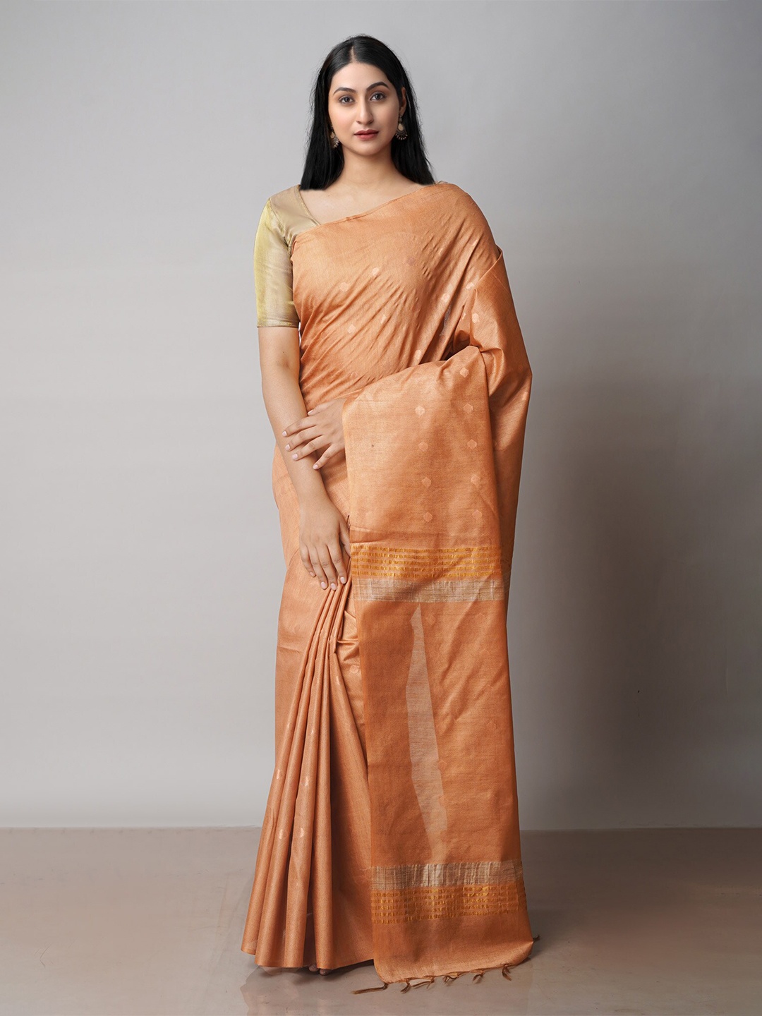 

Unnati Silks Geometric Woven Design Zari Silk Cotton Chanderi Saree, Brown