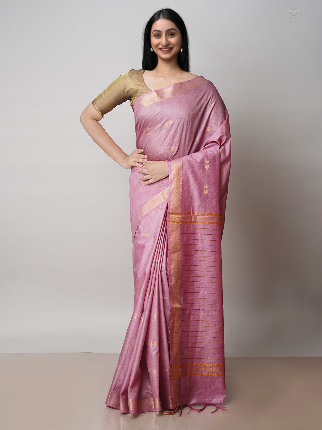 

Unnati Silks Ethnic Motifs Woven Design Zari Silk Cotton Chanderi Saree, Pink