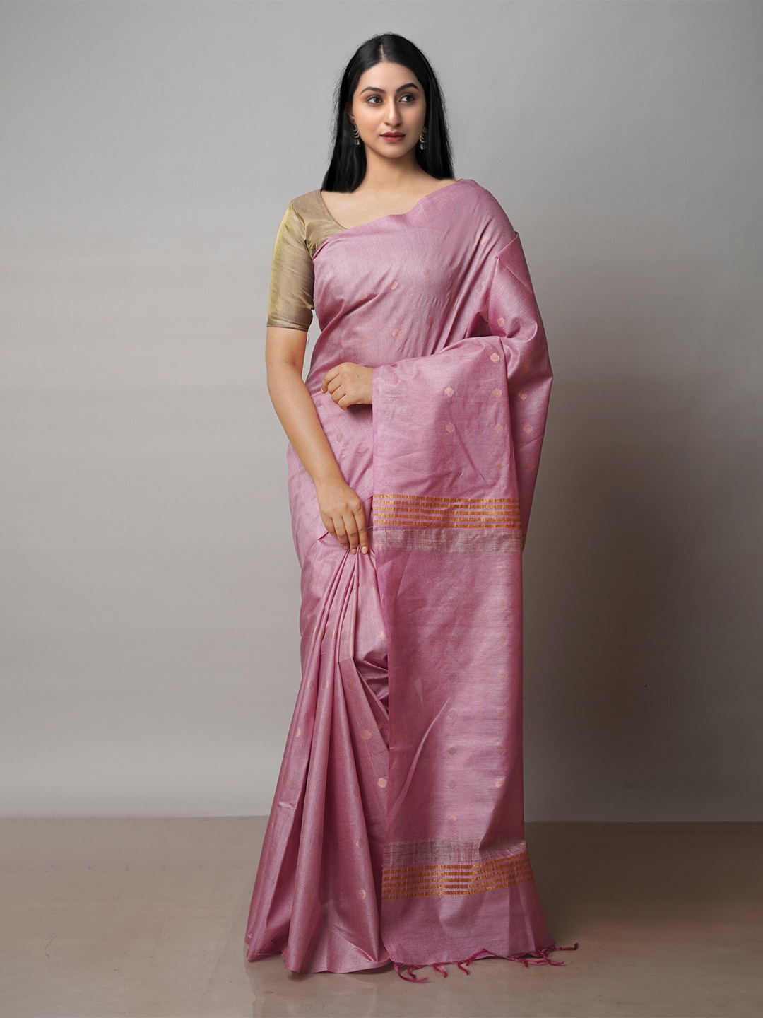 

Unnati Silks Ethnic Motifs Woven Design Zari Silk Cotton Chanderi Saree, Pink