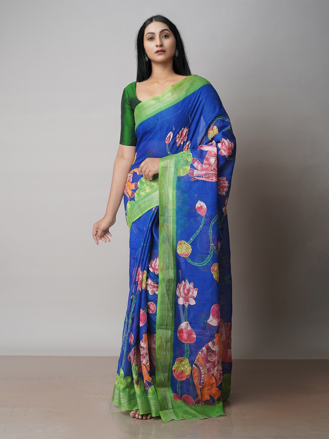 

Unnati Silks Floral Printed Zari Jamdani Saree, Blue