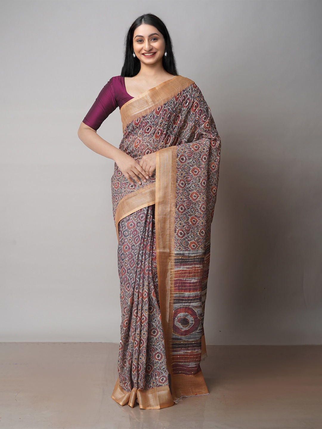 

Unnati Silks Ethnic Motifs Printed Kantha Work Jamdani Saree, Brown