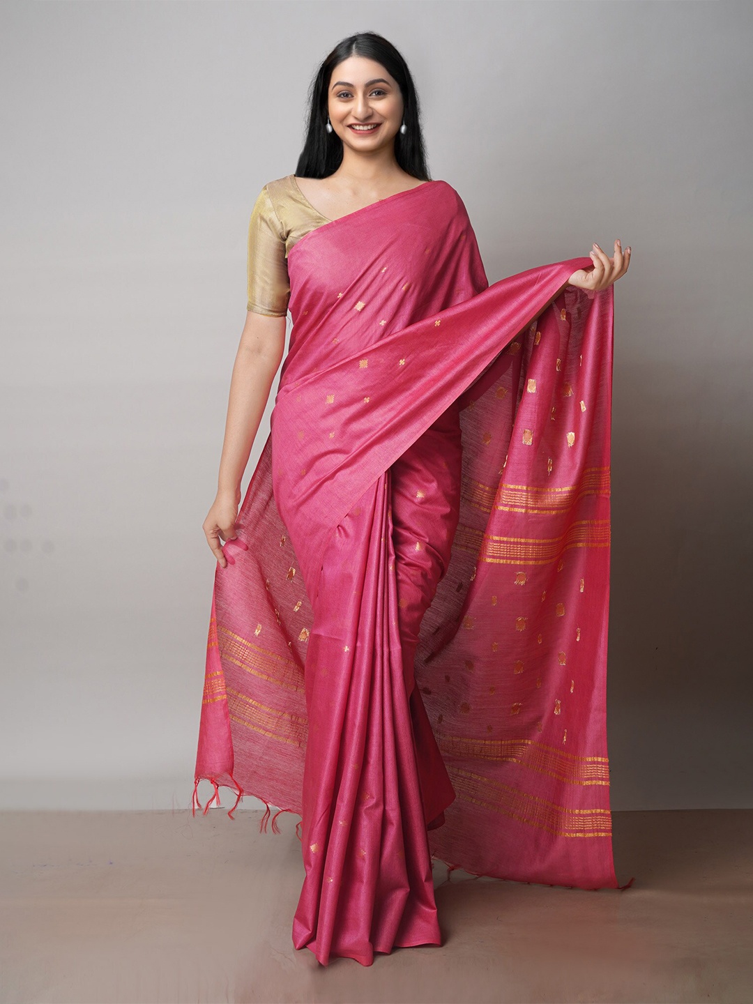 

Unnati Silks Geometric Woven Design Zari Silk Cotton Chanderi Saree, Pink