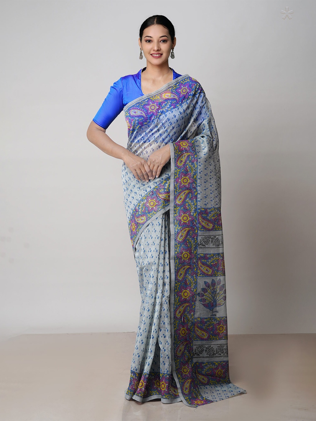 

Unnati Silks Ethnic Motifs Supernet Bagru Saree, Grey