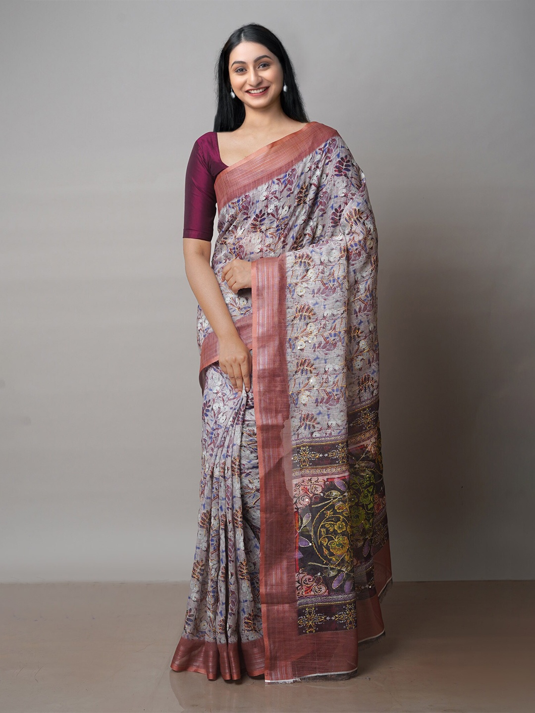 

Unnati Silks Floral Printed Embroidered Jamdani Saree, Grey