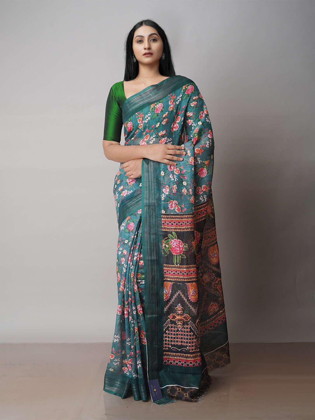 

Unnati Silks Floral Printed Jamdani Saree, Green