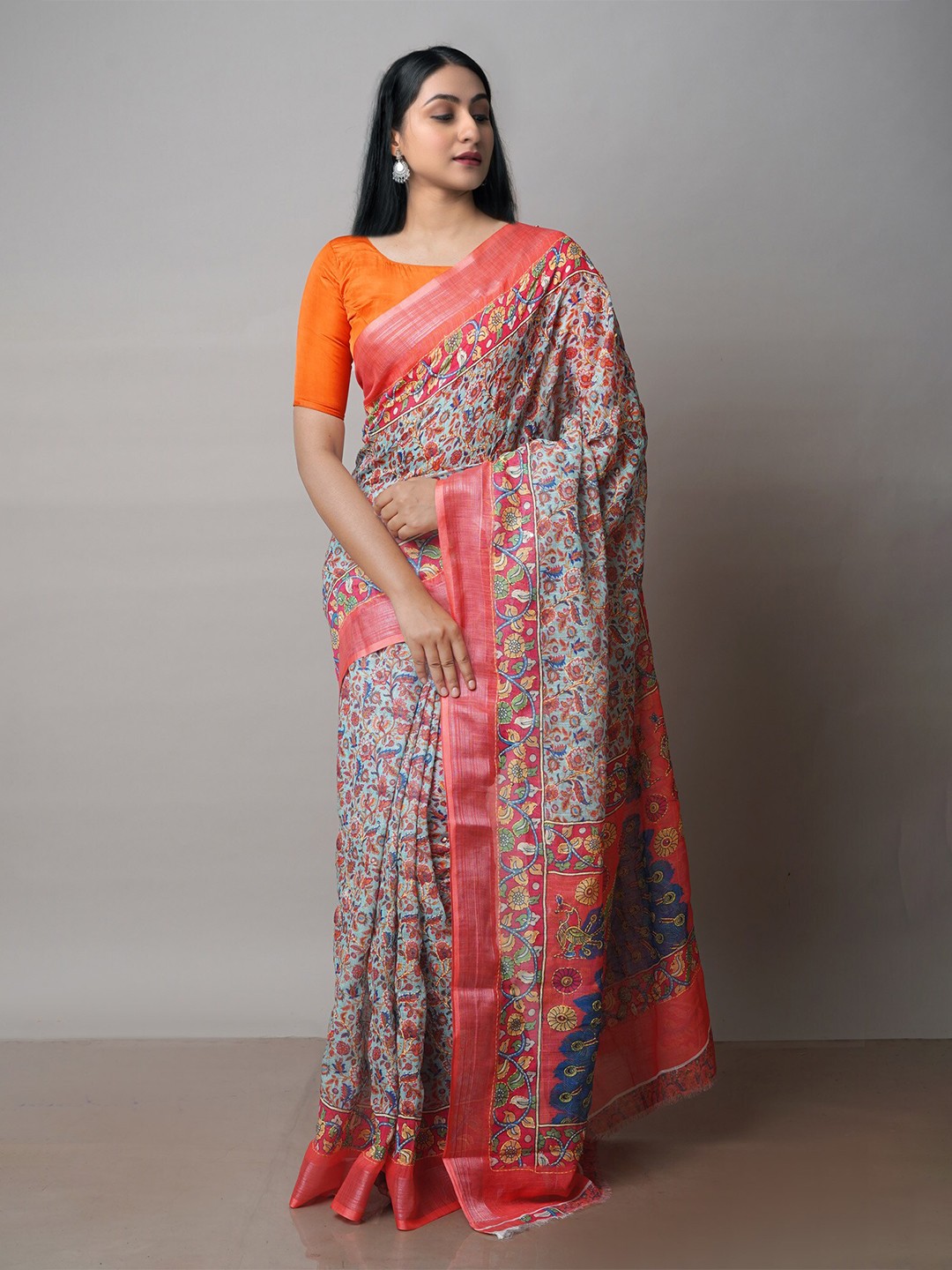 

Unnati Silks Floral Printed Embroidered Jamdani Saree, Orange