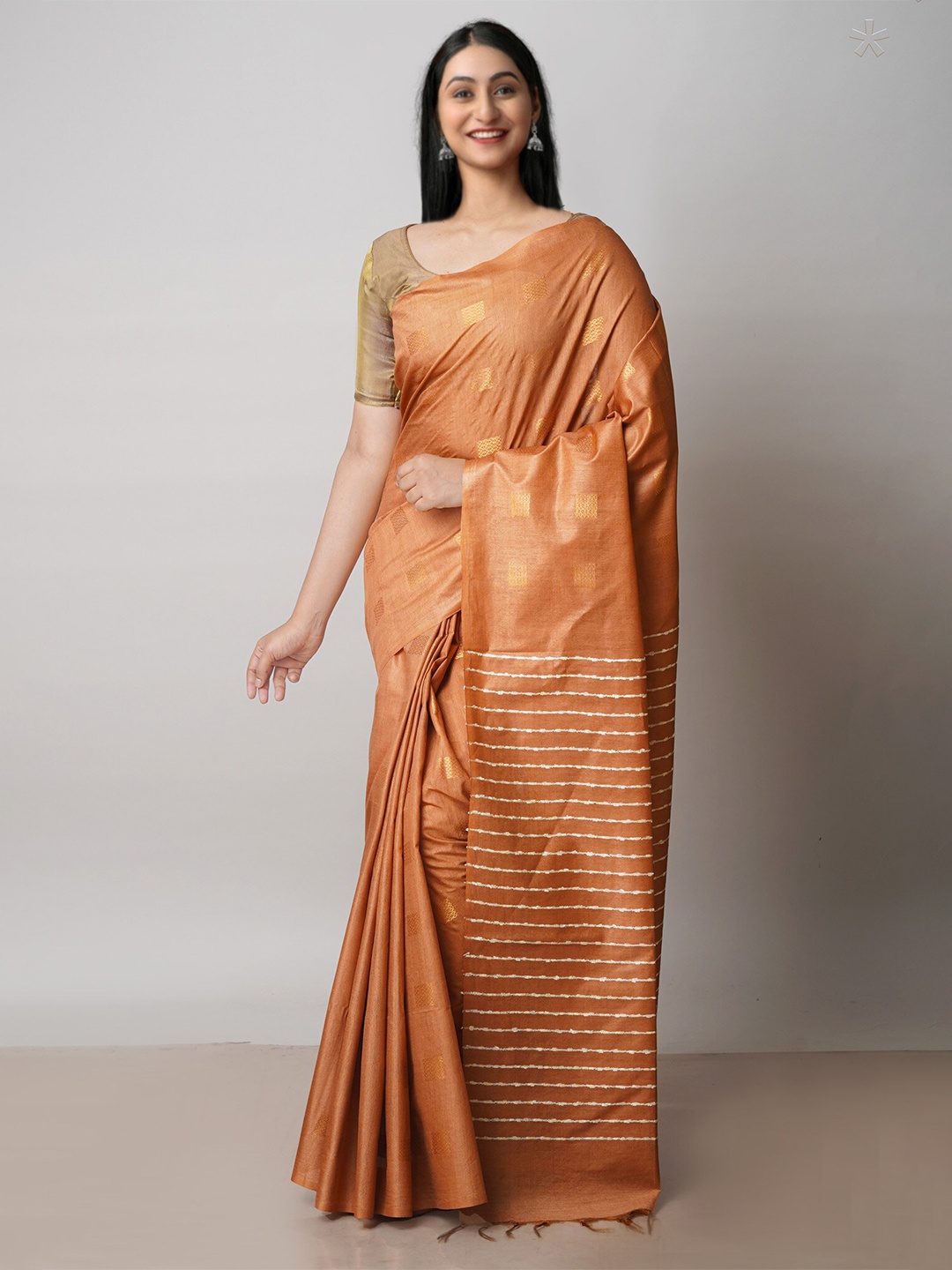 

Unnati Silks Geometric Woven Design Zari Silk Cotton Chanderi Saree, Brown