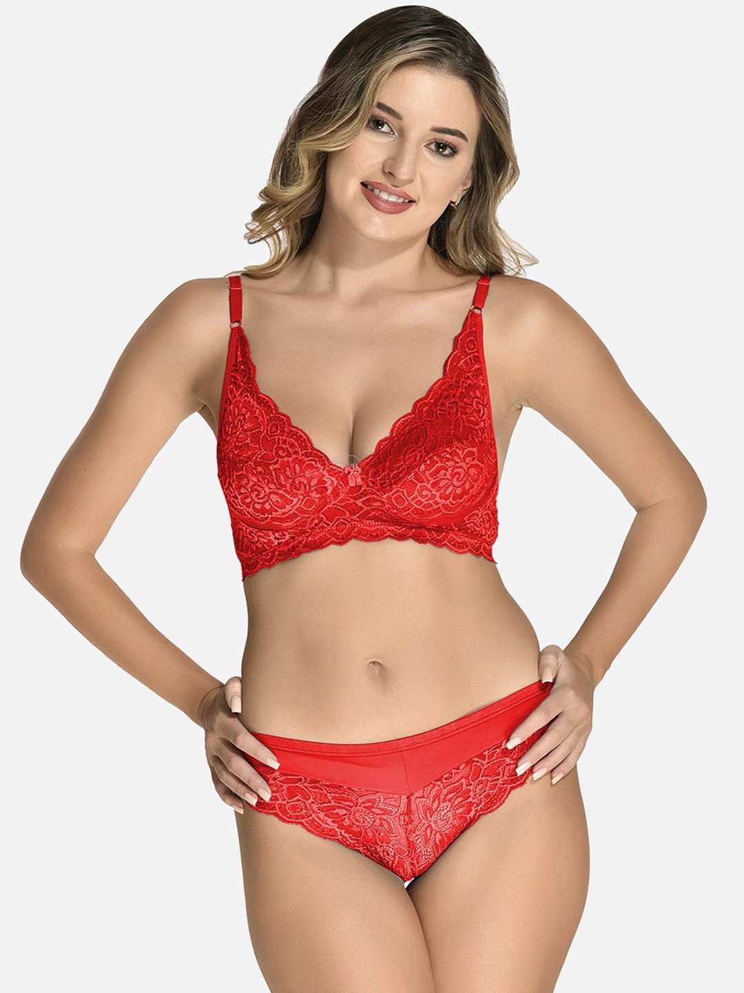 

StyFun Self Design Lace Lingerie Set, Red