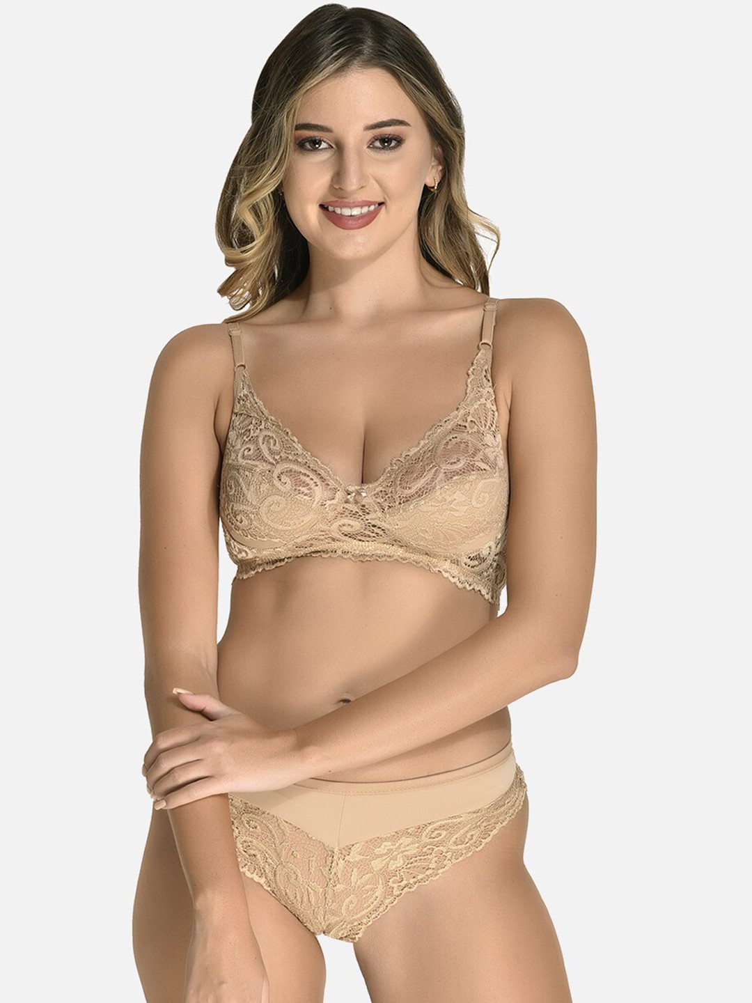 

StyFun Self Design Lace Lingerie Set, Beige