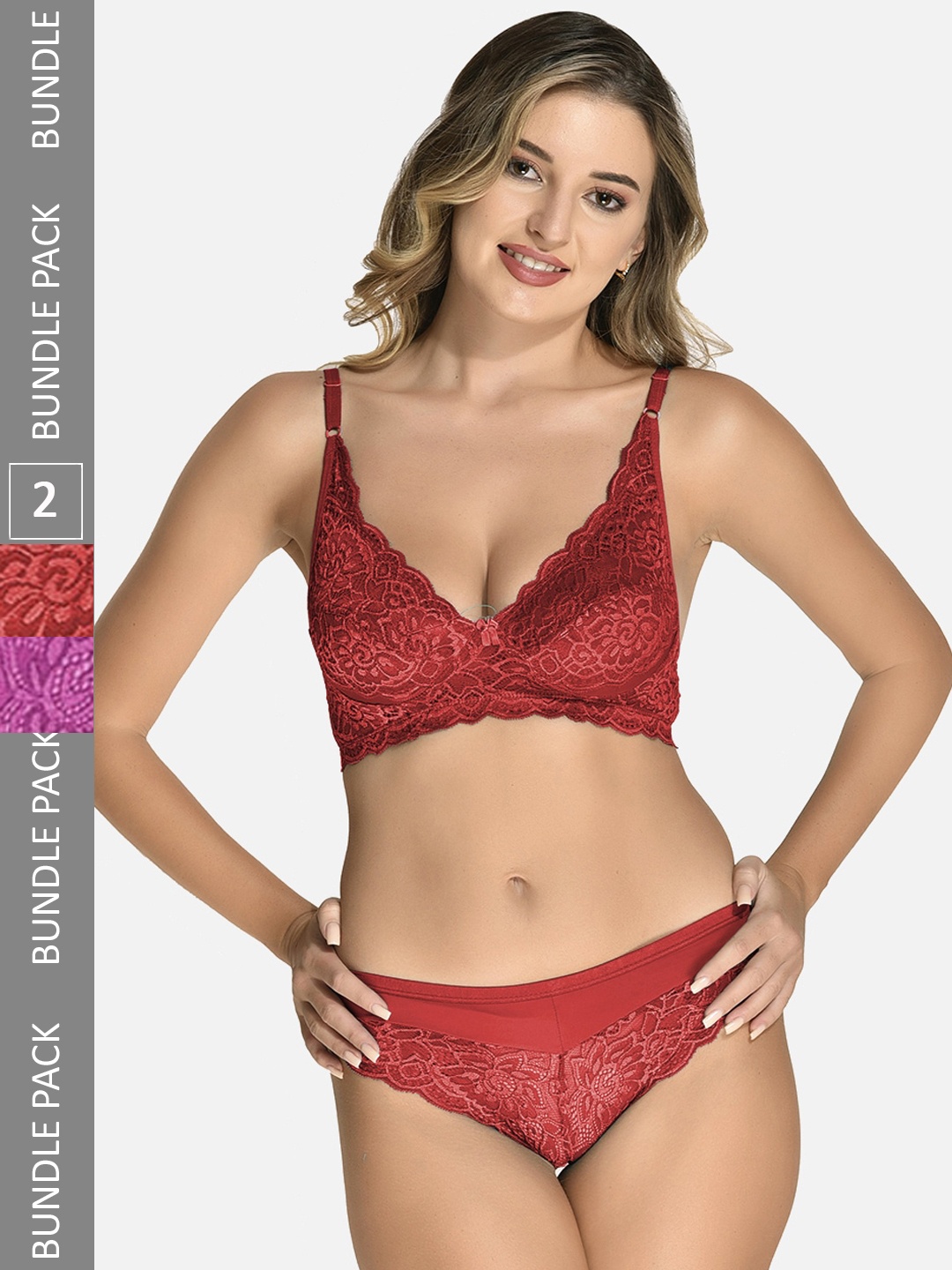 

StyFun Pack Of 2 Self Design Lace Lingerie Set, Maroon