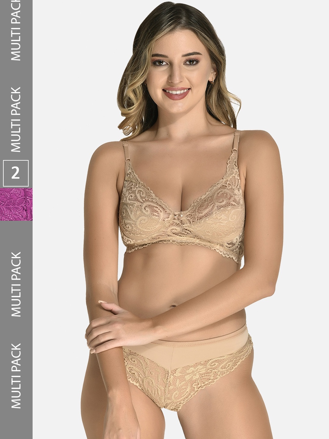 

StyFun Pack Of 2 Self Design Lace Lingerie Set, Beige