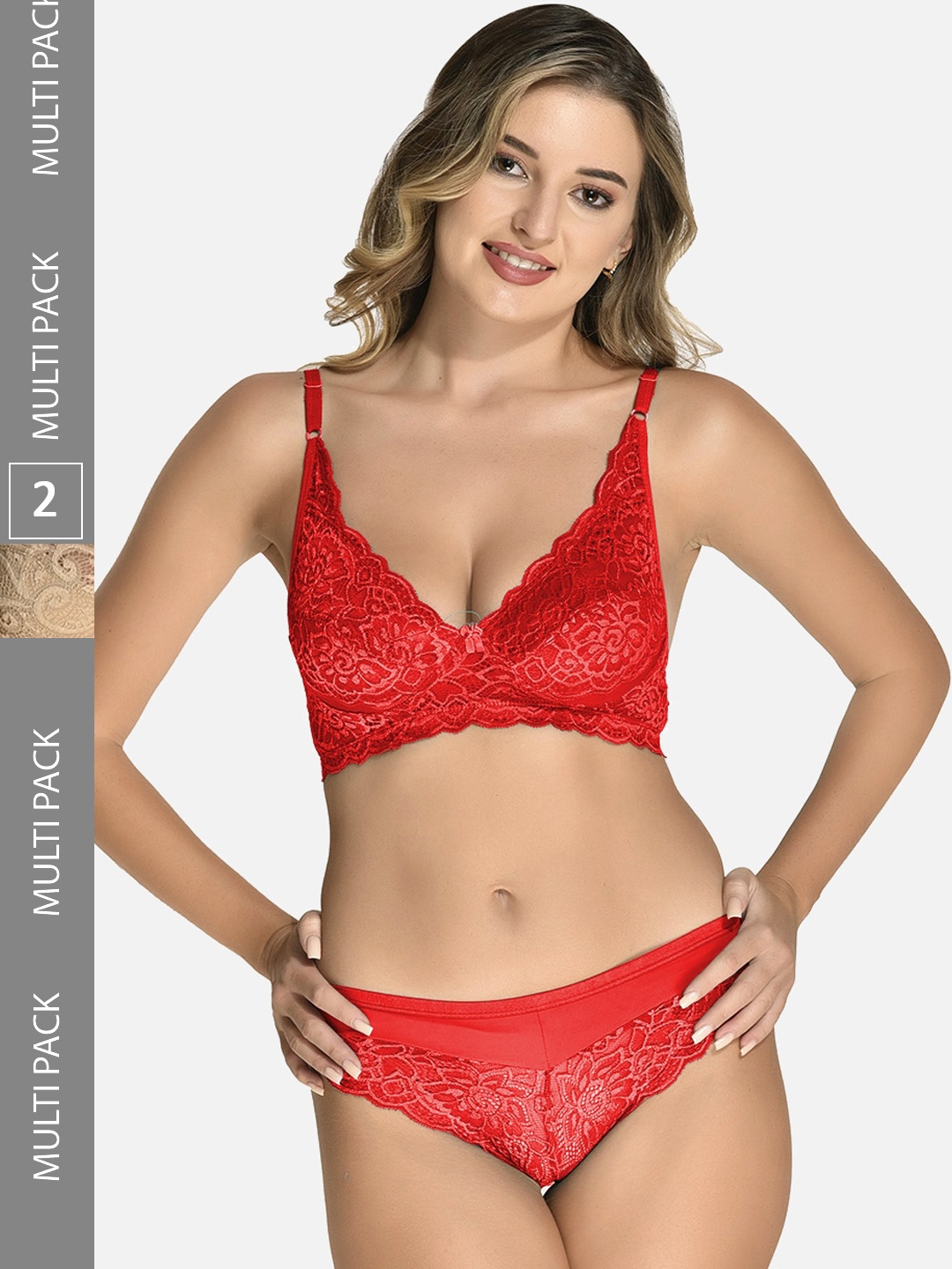 

StyFun Pack Of 2 Self Design Lace Lingerie Set, Beige