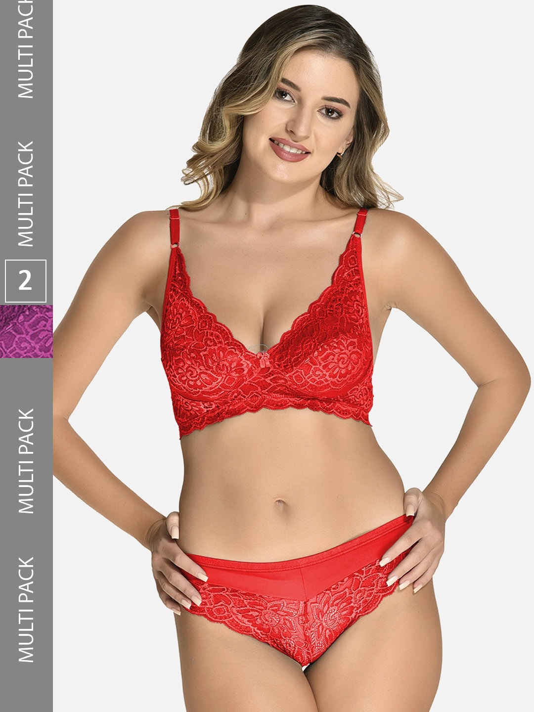 

StyFun Pack Of 2 Self Design Lace Lingerie Set, Purple