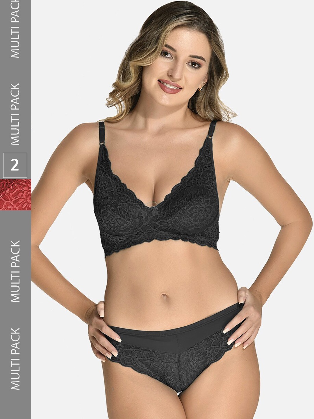 

StyFun Pack Of 2 Self Design Lace Cotton Lycra Non Wired Non Padded Lingerie Set, Black