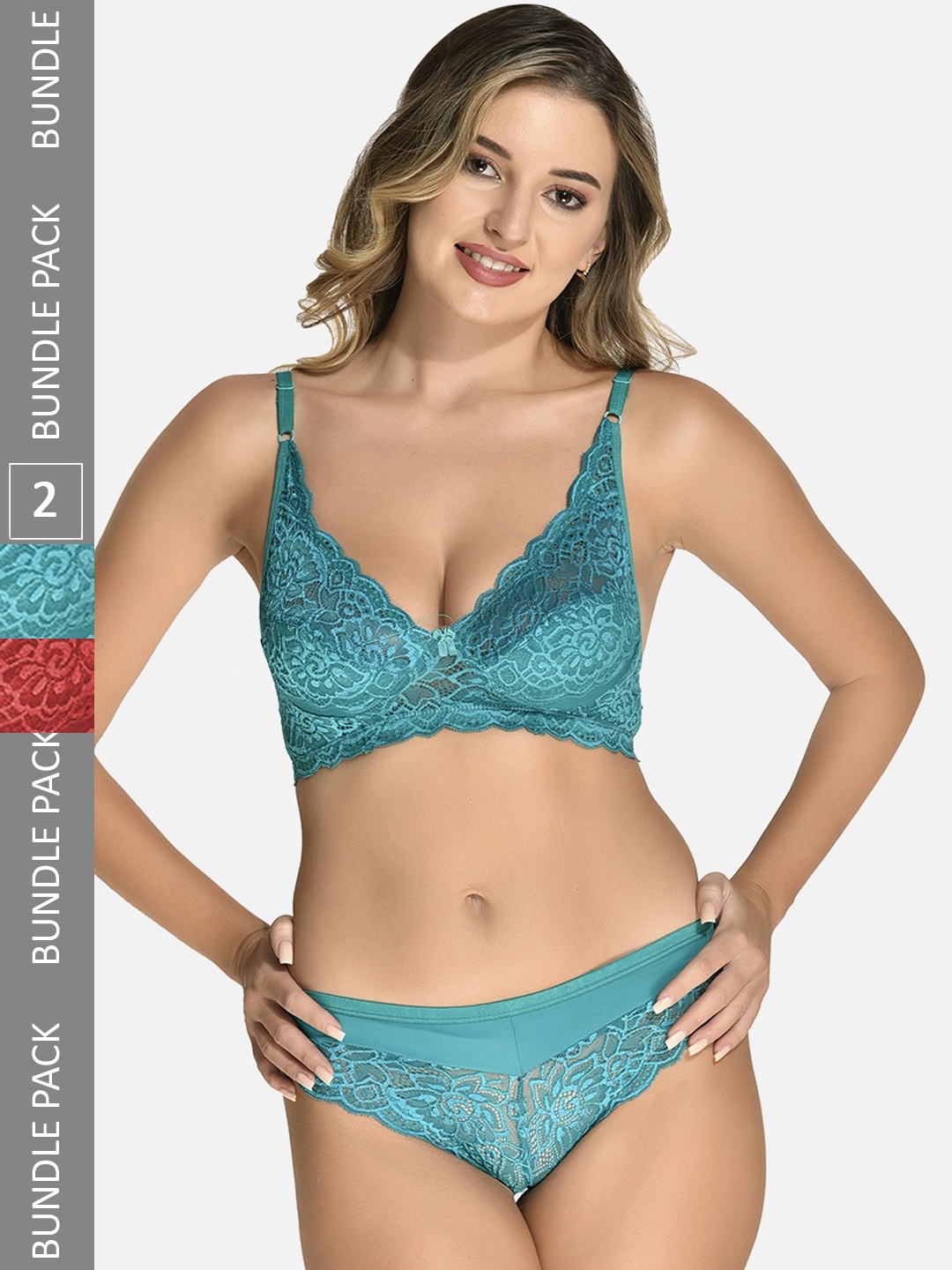 

StyFun Pack Of 2 Self Design Lace Cotton Lycra Non Wired Non Padded Lingerie Set, Green