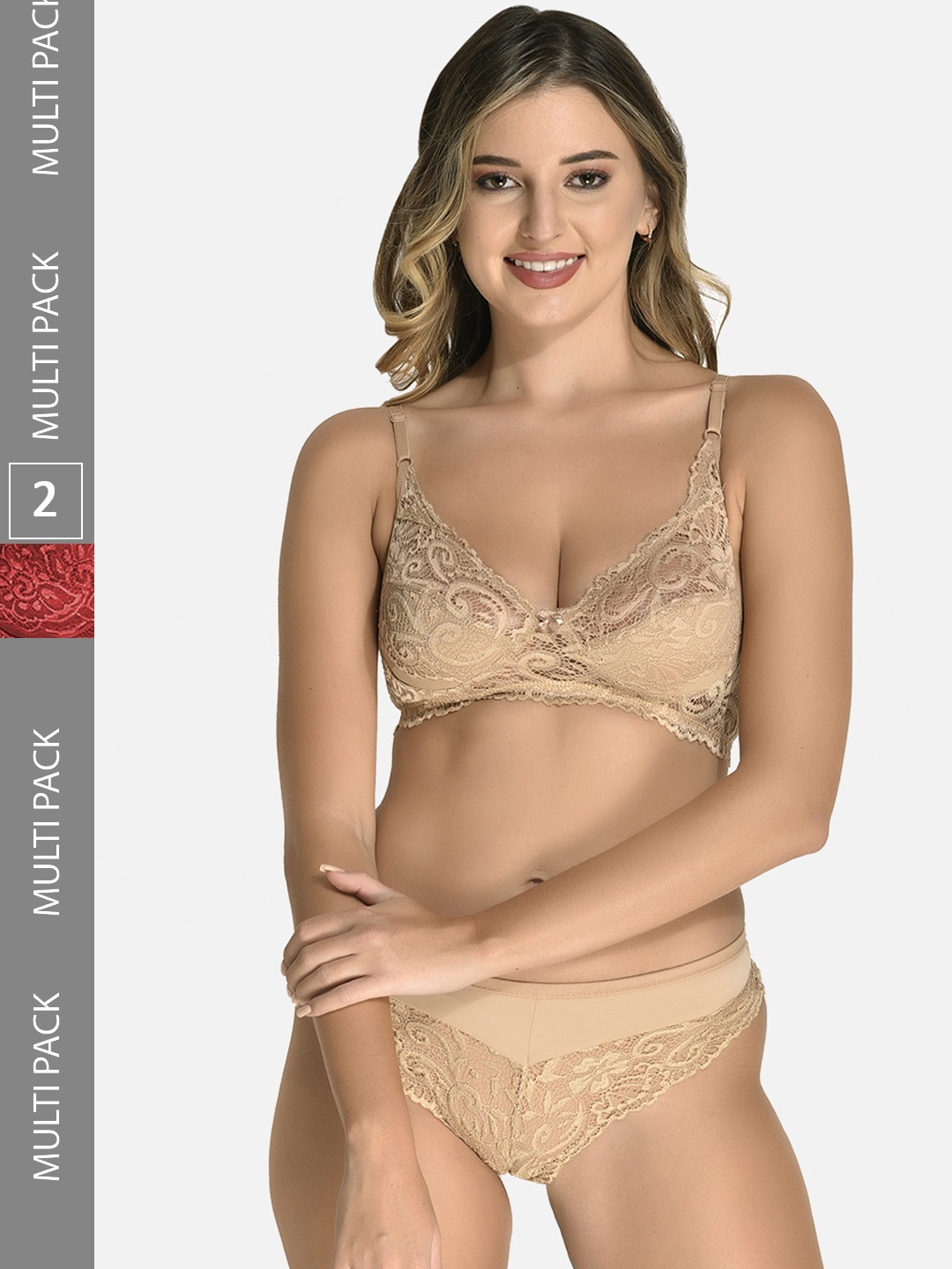 

StyFun Pack Of 2 Self Design Lace Cotton Lycra Non Wired Non Padded Lingerie Set, Beige