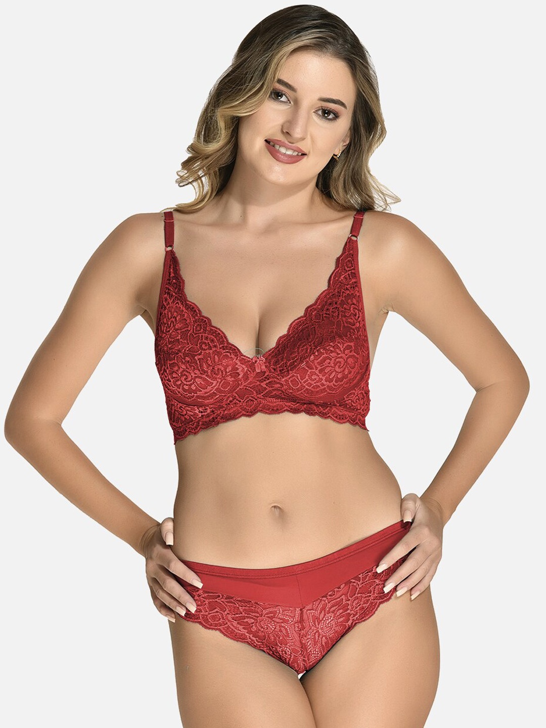 

StyFun Self Design Lace Cotton Lycra Non Wired Non Padded Lingerie Set, Maroon