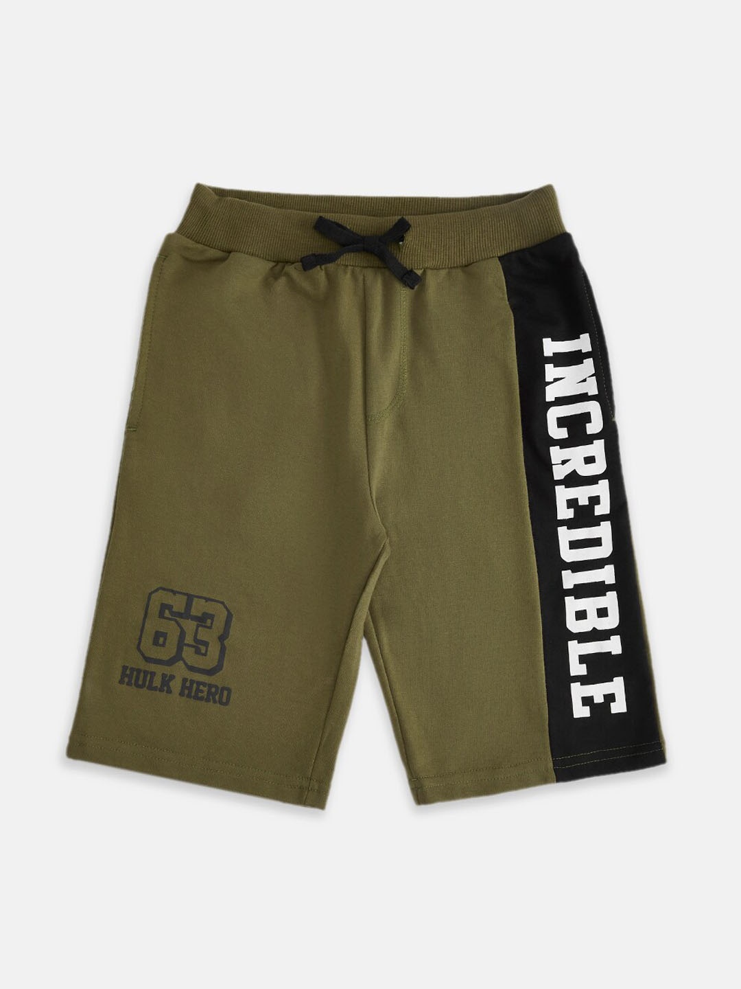

Pantaloons Junior Boys Typography Printed Mid-Rise Cotton Shorts, Olive