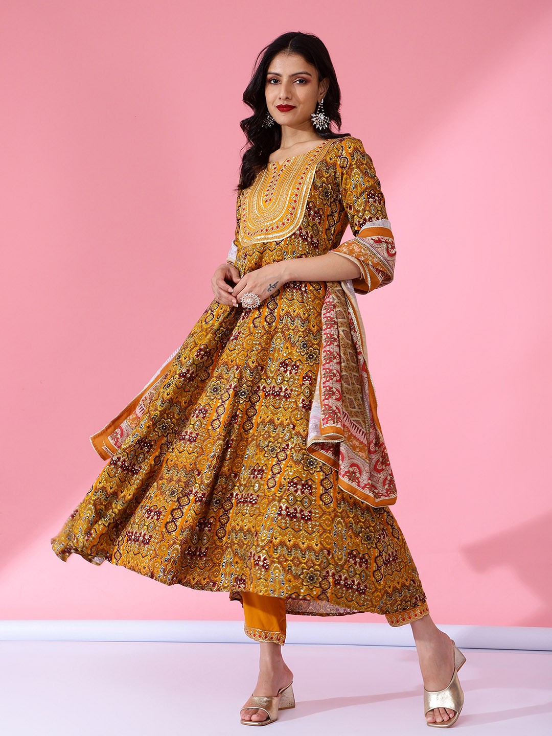 

Bani Women Floral Printed Sequined Liva Kurta with Trousers & Dupatta, Mustard
