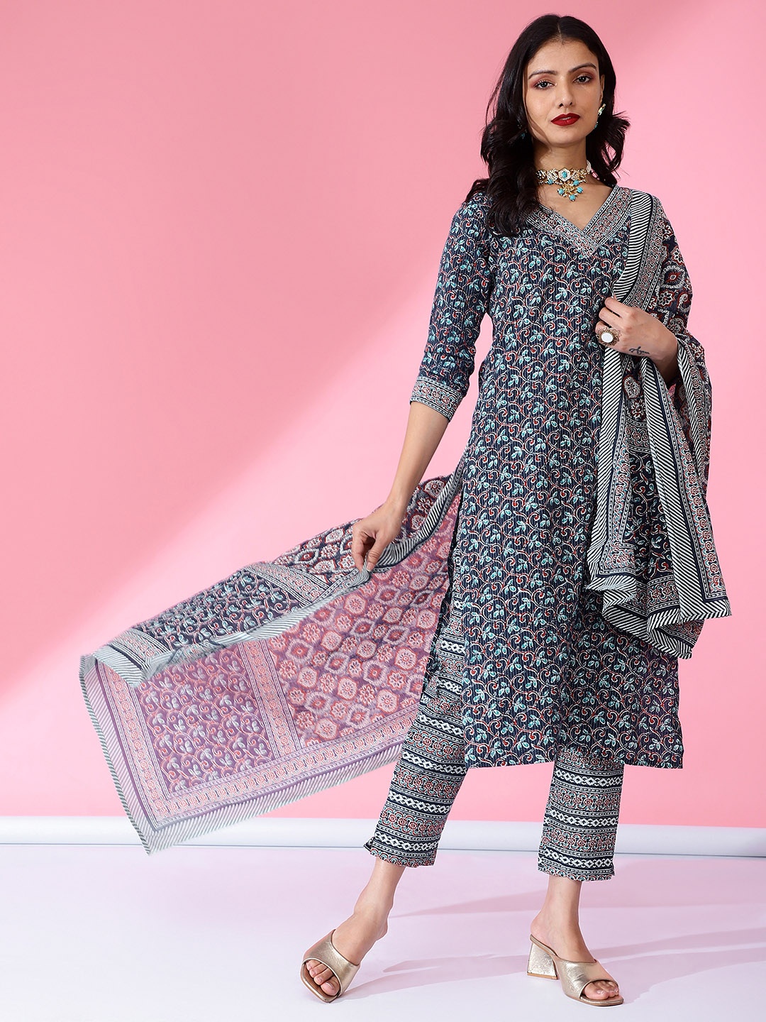

Bani Women Floral Printed Sequined Liva Kurta with Trousers & Dupatta, Blue