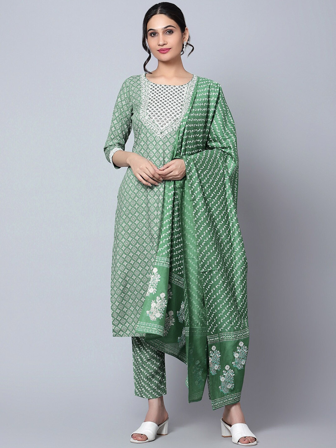 

Bani Women Floral Embroidered Liva Kurta With Trousers & Dupatta, Green