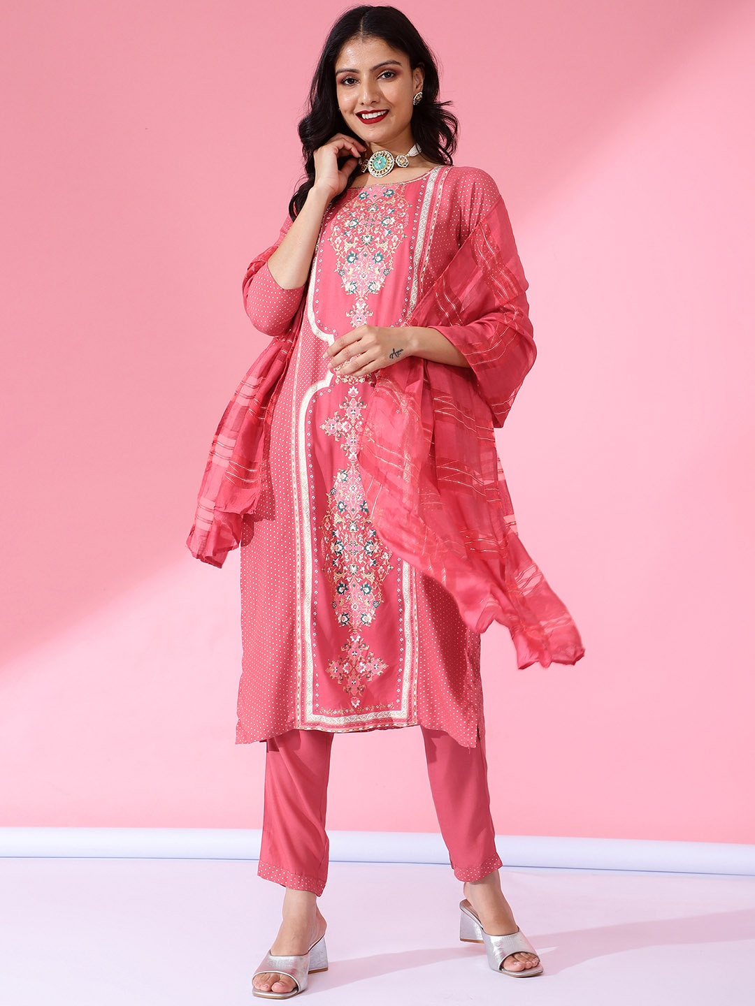 

Bani Women Ethnic Motifs Printed Sequined Liva Kurta with Trousers & Dupatta, Pink