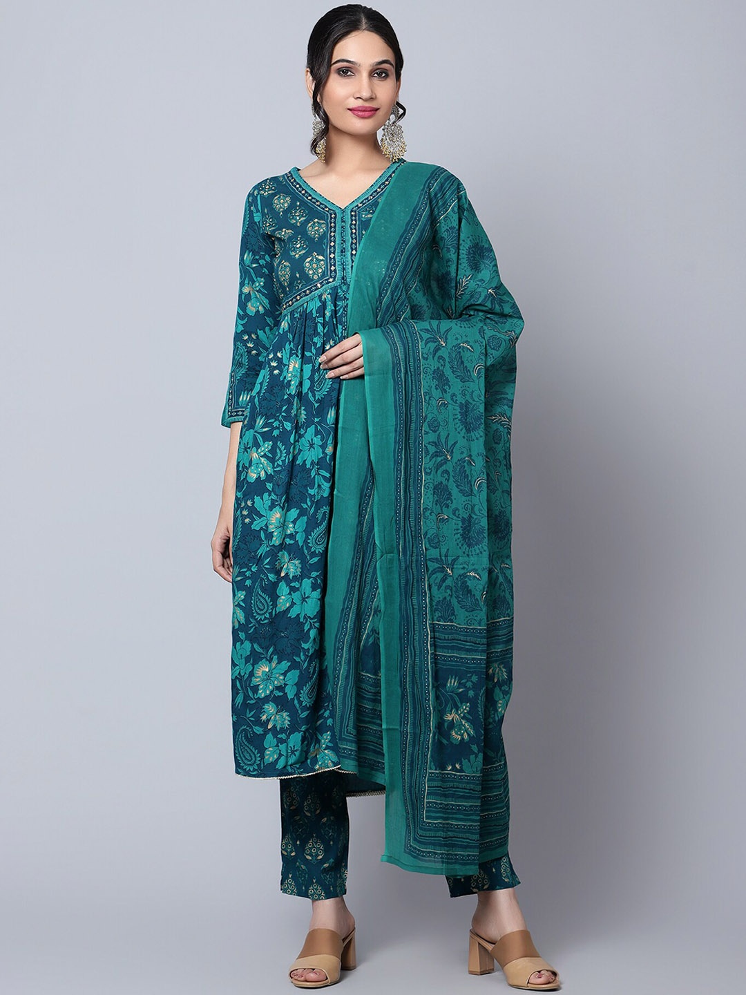 

Bani Women Floral Printed Anarkali Liva Kurta with Trousers & Dupatta, Green