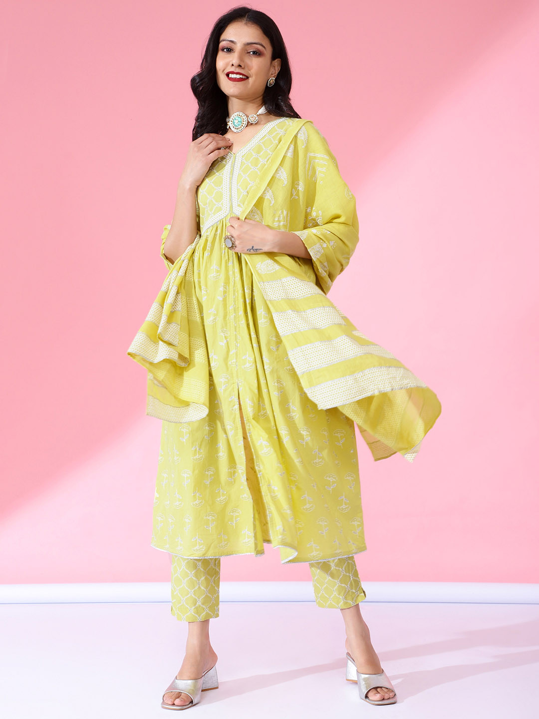 

Bani Women Floral Printed Pure Cotton Kurta with Trousers & Dupatta, Yellow