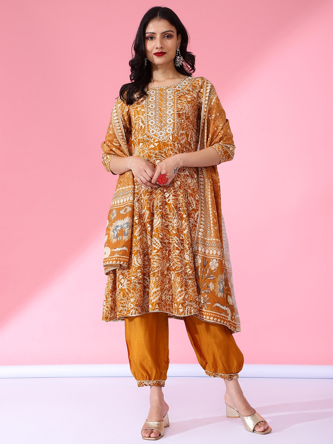 

Bani Women Floral Printed Sequined Liva Kurta with Salwar & Dupatta, Mustard