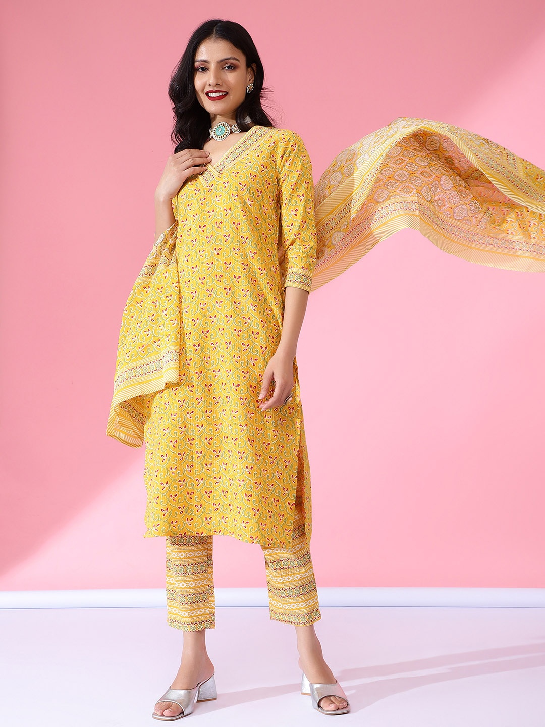 

Bani Women Floral Printed Sequined Pure Cotton Kurta with Trousers & Dupatta, Yellow