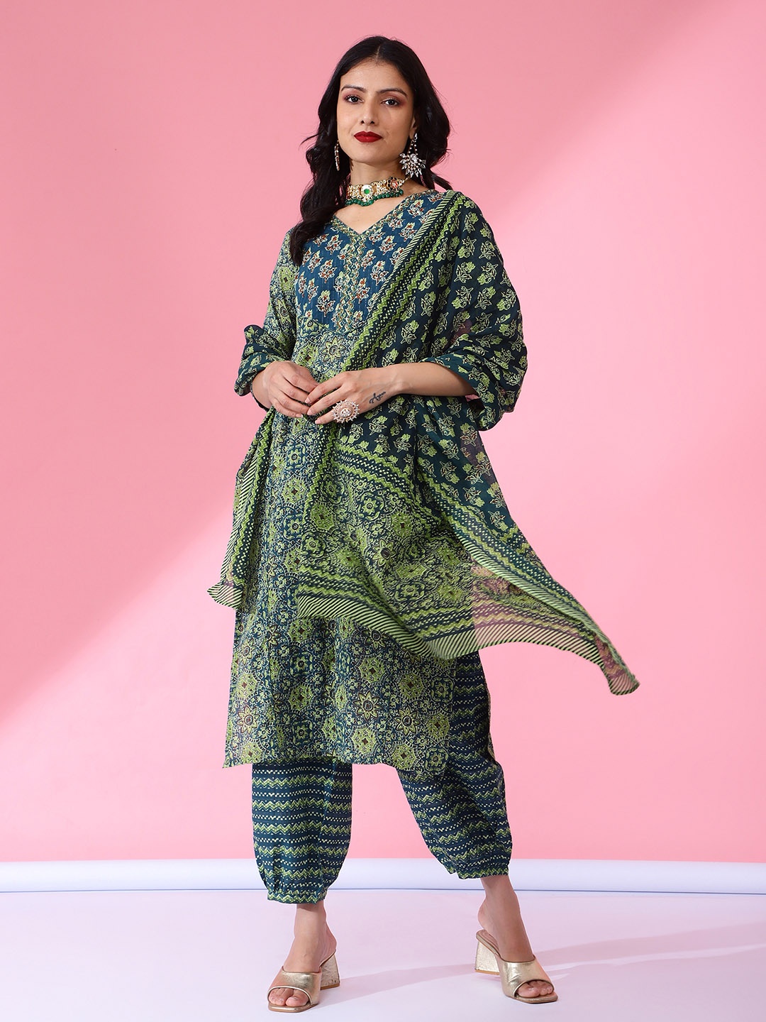 

Bani Women Ethnic Motifs Printed Thread Work Pure Cotton Kurta with Salwar & Dupatta, Green