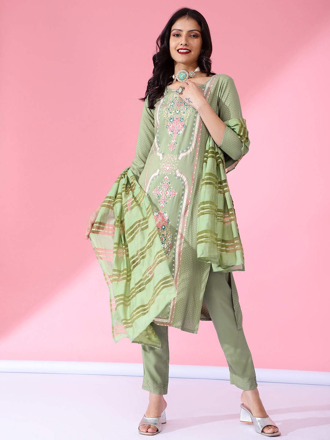 

Bani Women Ethnic Motifs Printed Liva Kurta with Trousers & Dupatta, Green