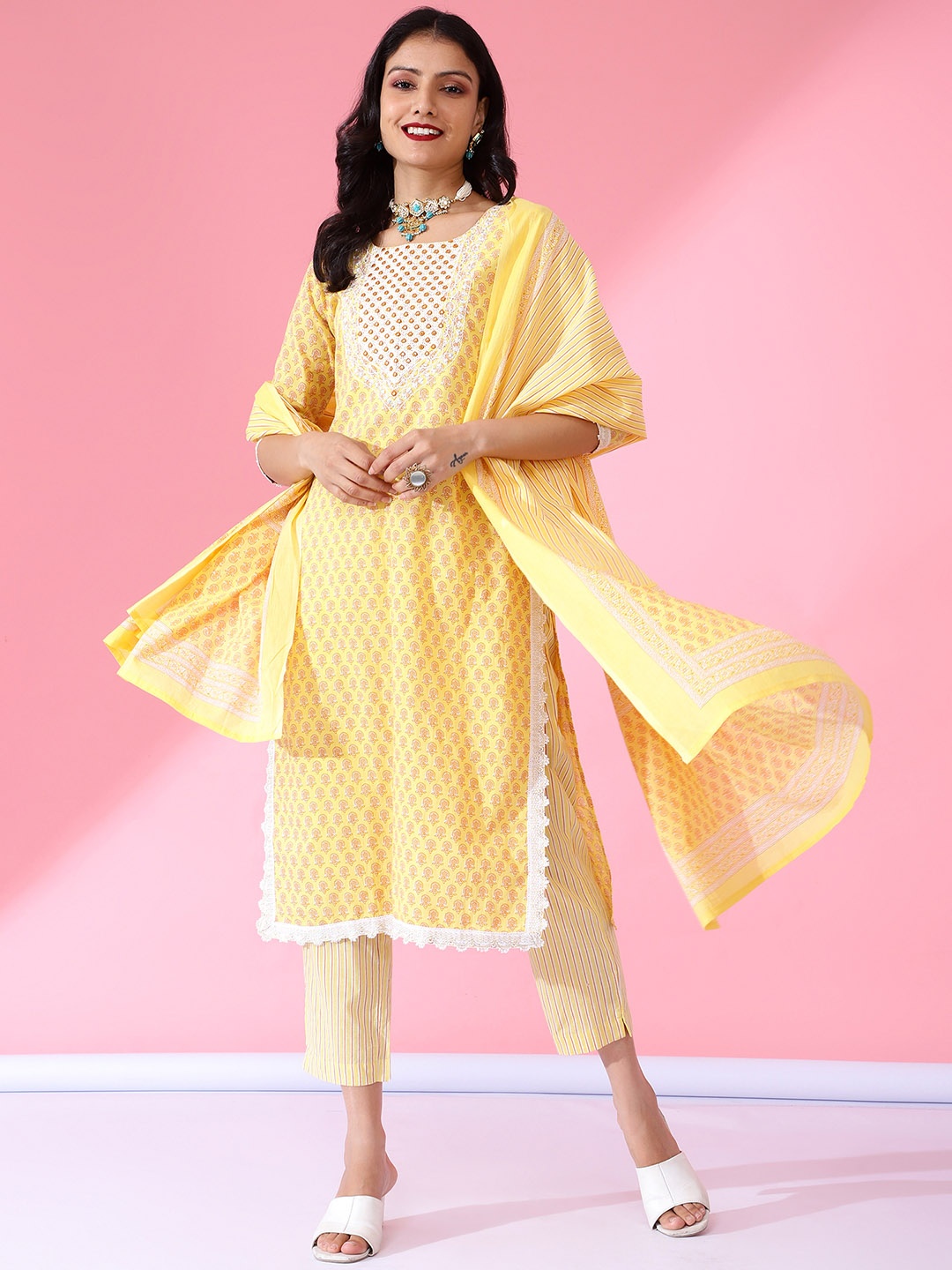 

Bani Women Ethnic Motifs Printed Mirror Work Pure Cotton Kurta with Trousers & Dupatta, Yellow